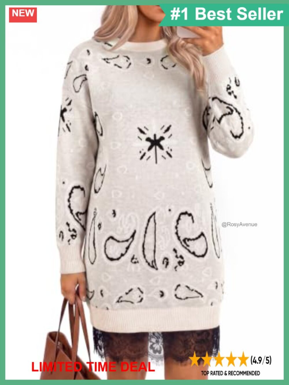 Long Sleeve Lace Hem Knit Sweater Mini Dress Casual Fall
